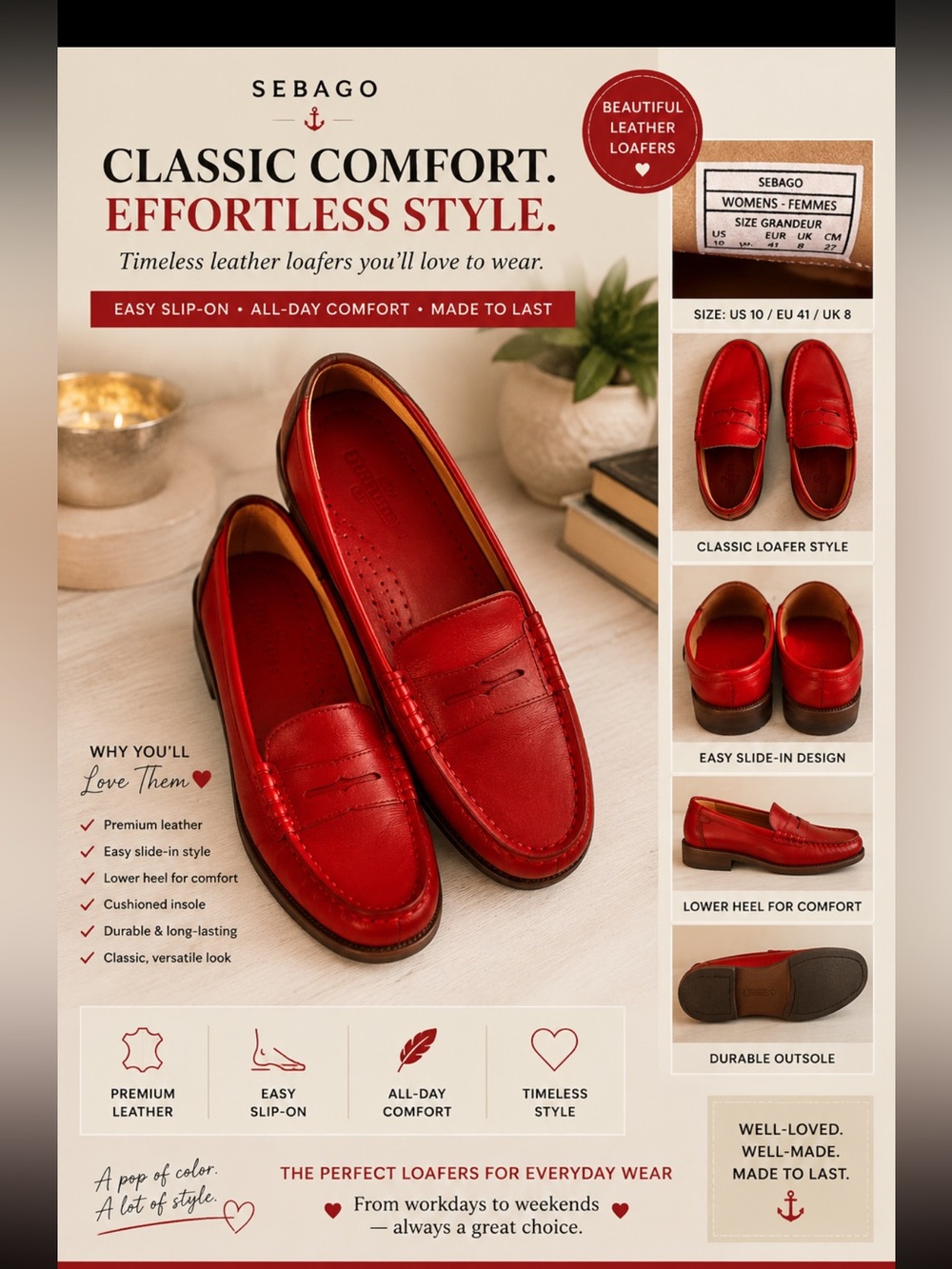 Sebago Red Leather Loafer size 10 wide